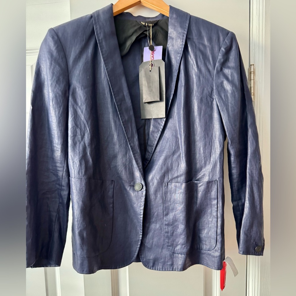 Rag & Bone Linen Blazer Navy Shine NWT Sz 6